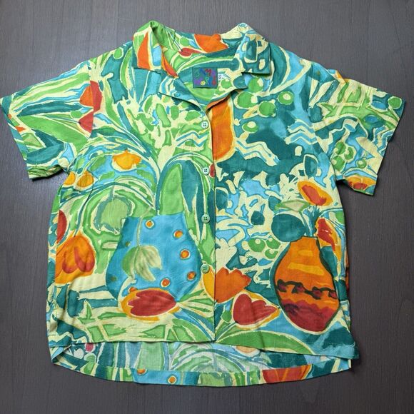 VINTAGE Jams World Hawaiian Floral Blouse Women’s XS Lily Vase Aloha Button Top - Picture 4 of 13